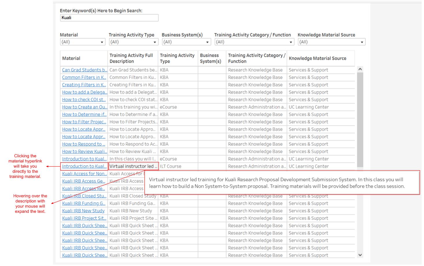Image showing that clicking the material hyperlink takes users directly to the training, and hovering over the description expands the field to the full text.